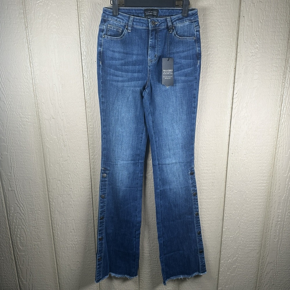 Alloy Apparel Flare Jeans Womens 4x37 Blue Snap Detail Dark Wash Tall